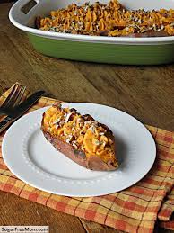 In a large bowl, mix together mashed sweet potatoes, 1/2 cup butter, milk, sugar, vanilla extract, and eggs. Twice Baked Sweet Potatoes No Sugar Added