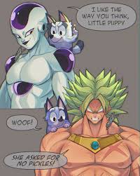 fabarts, broly (dragon ball z), frieza, bluey, dragon ball, dragonball z,  absurdres, highres, alien, bald, blue fur, clenched teeth, crossover, dog,  english text, excuse me he asked for no pickles (meme), grey