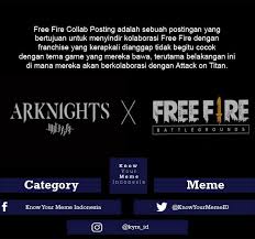 Preset ff alight motion free fire x attack on titan. Know Your Meme Indonesia Unofficial Free Fire Collab Posting Adalah Sebuah Postingan Yang Bertujuan Untuk Menyindir Kolaborasi Free Fire Dengan Franchise Yang Kerapkali Dianggap Tidak Begitu Cocok Dengan Tema Game