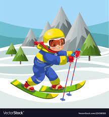 Cartoon little boy skiing on snowy hills Vector Image