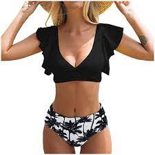 Amazon Com Women S Ruffle High Waist Swimsuit Two Pieces Push Up Tropical Print Bikini Tummy Control Sw Bathing Suits Bikini Set High Waist Two Piece Swimwear