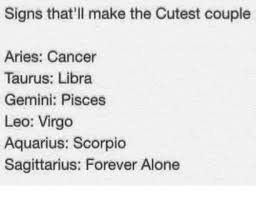 There will be some difference between them in their dealings with the external world. Signs That Ll Make The Cutest Couple Aries Cancer Taurus Libra Gemini Pisces Leo Virgo Aquarius Scorpio Sagittarius Forever Alone Being Alone Meme On Me Me