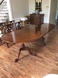 Table measures 46x76x30 high with 2 additional 24 leafs which have skirted aprons. Henkel Harris Dining Set 1stdibs