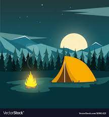 Summer Camp Night Camping Campfire Pine Forest Vector Image Camping Drawing Campfire Night Illustration