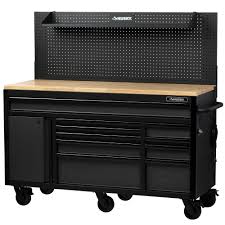 Husky Heavy Duty 61 In W Deep 10 Drawer 1 Door Tool Chest Mobile Workbench In Matte Black With Flip Up Pegboard H61mwc10pb The Home Depot Mobile Workbench Garage Decor Workbench