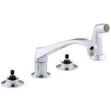 The faucet may have a single escutcheon plate under the handles and spout and it may have a side spray. Kohler K 7765 K Cp Double Handle Kitchen Faucet Build Com