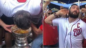 Manhattan — alex ovechkin is sitting in a folding chair in the hallway of 30 rock with his head in one hand, phone in the other. Video Alex Ovechkin Celebrates Win By Drinking Beer Out Of Stanley Cup Daily Mail Online