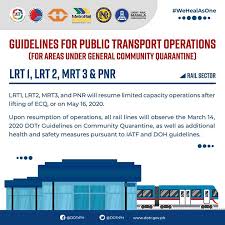 Additional dotr gcq guidelines for public utility vehicles. Lrt2 On Twitter Look Summary Of The Dotrph S Guidelines For Railway Based Public Transport Operations In Areas Under The Gcq Or On May 16 2020 After The Lifting Of The Ecq Imposed In