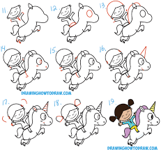 Using curved lines, draw the unicorn's hair similar to the manner on how you drew the tail. How To Draw A Cute Kawaii Chibi Girl Riding A Unicorn In Easy Step By Step Drawing Tutorial For Kids And Beginners How To Draw Step By Step Drawing Tutorials