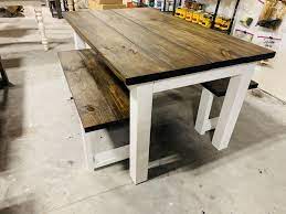 Rustic Farmhouse Table Set With Benches White Base And Dark Etsy Rustic Farmhouse Table Farmhouse Kitchen Tables Kitchen Table Settings