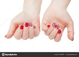 Red Festive Manicure With White Lace On The Long Nails Top View