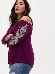 Plum Purple Jersey Henna Sleeve Off Shoulder Tee In 2020 Plus Size Long Sleeve Tops Long Sleeve Tops Off Shoulder