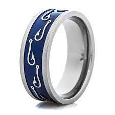 Our Special Edition Titanium Fish Hook Ring Captures The Essence Of The Outdoors Features A Stunning Blue Backg Blue Wedding Rings Wedding Rings Blue Titanium