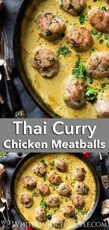 Thai Curry Chicken Meatballs In Curry Sauce White On Rice Couple Recipe Chicken Meatball Recipes Curry Chicken Asian Meatball Recipe