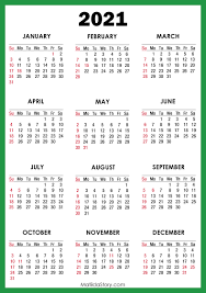 Please note that our 2021 calendar pages are for your personal use only, but you may always invite your friends to we also have a 2021 two page calendar template for you! 2021 Calendar With Holidays Printable Free Green Sunday Start Matildastory Com