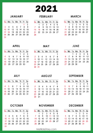 Maybe you would like to learn more about one of these? 2021 Calendar With Holidays Printable Free Green Sunday Start Matildastory Com