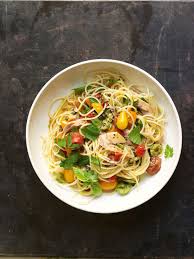 Angel Hair Pasta With Flash Sauteed Fresh Cherry Tomato Sauce Tuna And Green Olives Veggie Noodles Recipes Cherry Tomato Sauce Pasta Salad Recipes
