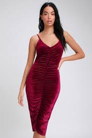 Catherine Wine Red Velvet Ruched Bodycon Midi Dress Red Cocktail Dress Midi Dress Bodycon Red Bridesmaid Dresses