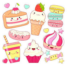 Set Of Cute Sweet Icons In Kawaii Style With Smiling Face And Pink Cheeks For Sweet Design Sticker Scarabocchi Kawaii Torte Cartoni Animati Disegni Simpatici