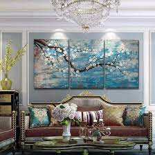 Amazon Com Extra Large Wall Art For Living Room 100 Hand Painted Framed Decorative Floral Oil Painting Set Decorative Modern Blue Tree Artwork Ready To Hang 72 X36 Paintings