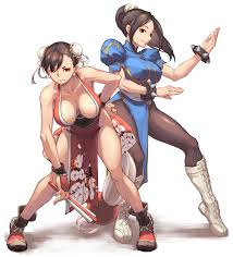 chun-li, shiranui mai, capcom, fatal fury, street fighter, street fighter  ii (series), the king of fighters, brown legwear, cross-laced footwear,  white footwear, artist request, commentary, highres, 2girls, boots,  bracelet, breasts, bun cover,
