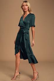 Wrapped Up In Love Dark Green Satin Faux Wrap Midi Dress Satin Wrap Dress Long Sleeve Midi Dress Green Midi Dress