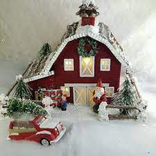 Huge Red Barn Vtg Style Glitter Putz House Christmas Village Lights Car Santa Christmas Village Lights Christmas Home Putz Houses