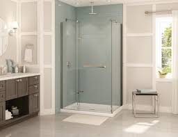 Corner showers can be enclosed with a glass door, a shower rod, and curtain, or even be built as an open shower. Maax 48 Reveal Chrome Frameless Corner Shower Enclosure With Clear Glass And Center Shower Base At Menards