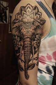 And Grey Indian Elephant Face With Flowers Tattoo On Right Half Sleeve Sleeve Tattoos For Women Best Sleeve Tattoos Tattoo Sleeve Designs