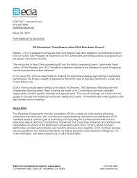 CONTACT: Jennifer Read 678-393-9990 jread@ecianow.org March 25, 2021 FOR  IMMEDIATE RELEASE RS Electronics' Chris Beeson Joins
