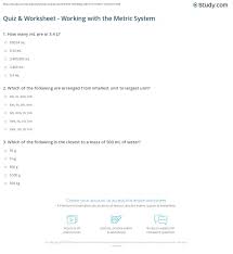 Quiz Worksheet Working With The Metric System Study Com