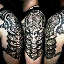 Black and grey armor of god tattoo. 60 Fantastic Armour Tattoo On Shoulder