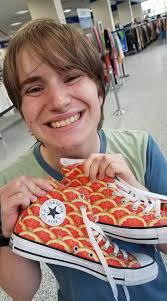 Unique blue leather orange cow fur shoes found at Goodwill