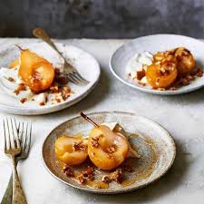 Poached fruit is a great dinner party pud. Pears Poached In Perry With Candied Walnuts Recipe Pear Dessert Recipes Pear Dessert Fruit Tart Recipe