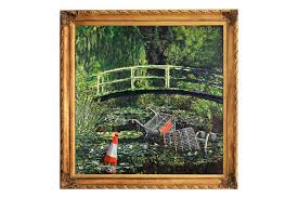 a reimagined monet painting by banksy featuring traffic cones and shopping carts is going up for sale