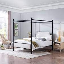 Maybe you would like to learn more about one of these? Asa Queen Size Iron Canopy Bed Frame With Upholstered Studded Headboard Gray And Flat Black Walmart Com Iron Canopy Bed Queen Canopy Bed Canopy Bed Frame