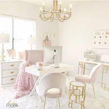 A Beautiful And Luxurious Home Office Design With Pink White And Gold Accents Pink Home Offices Home Office Decor Home Office Design