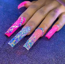 Dope Nails Pink glitter long coffin false nails.