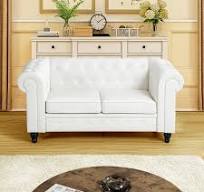 Traditional PU Leather Tufted Chesterfield Loveseat, Rolled Arm Loveseat,  Faux Leather Upholstered Living Room Loveseat Sofa, White