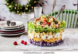 In the pasta other kale recipes i. Layered Christmas Pasta Salad With Red Cabbage Corn Tomato Cucumber Cheese Bacon And Herbs Canstock