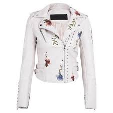 Floral Embroidered Studded Biker Jacket In Off White 70 Liked On Polyvore Featuring Leather Jackets Women Embroidered Leather Jacket White Leather Jacket