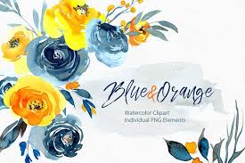 Watercolor Blue Orange Yellow Flowers Png 48804 Illustrations Design Bundles Flower Drawing Floral Watercolor Watercolor Flowers