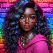 Prompt: 🫶 High-quality glossy airbrushing of a beautiful African American  woman with long, curly black hair and heart-shaped sunglasses. She sits