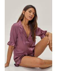 Nasty Gal Satin Ruffle Pajama Shirt And Shorts Set In Mauve Purple Lyst