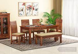 Product title dining table set, 5 pieces kitchen dining table with 4 dining chairs pine wood kitchen dinette table average rating: Buy Adolph 6 Seater Dining Set With Bench Honey Finish Online In India Wooden Street
