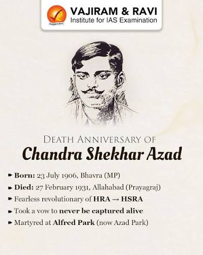 Remembering the fearless revolutionary Chandra Shekhar Azad on his death anniversary — a symbol of courage, sacrifice, and unbroken resistance. He lived by his vow to never be captured alive and continues