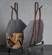 These come with a folding fireplace log rack and a suede leather fireplace log carrier that you can pull out when you need to get firewood from your outdoor storage. Enclume Log Carrier Bag Rack Rejuvenation Log Carrier Canvas Log Carrier Firewood Carrier