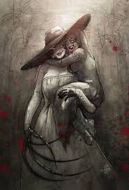 sapphicbump, alcina dimitrescu, daniela dimitrescu, resident evil, resident  evil village, highres, 2girls, black flower, black rose, blood, blood  splatter, carrying, claw (weapon), corsage, evil smile, flower, hat, hug,  lipstick, long fingers, looking