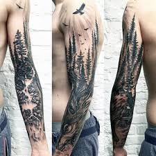 Nature Pine Trees With Wolf Unique Mens Sleeve Tattoo Feminine Tattoo Sleeves Best Sleeve Tattoos Nature Tattoo Sleeve