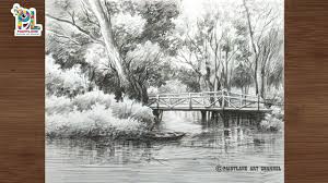 How To Draw Landscape Sketching And Shading With Wooden Bridge In Park W Landscape Sketch Landscape Drawings Landscape
